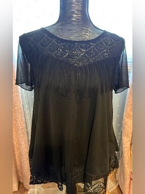 Black Fringe Sheer Layered Women's Top